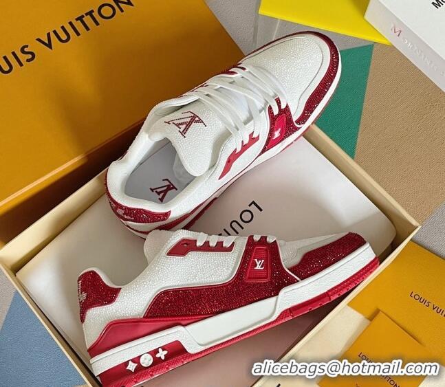 Best Grade Louis Vuitton LV Trainer Sneakers with Allover Crystals White/Red 0412001