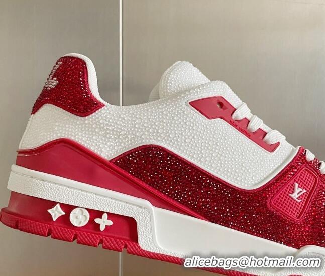 Best Grade Louis Vuitton LV Trainer Sneakers with Allover Crystals White/Red 0412001