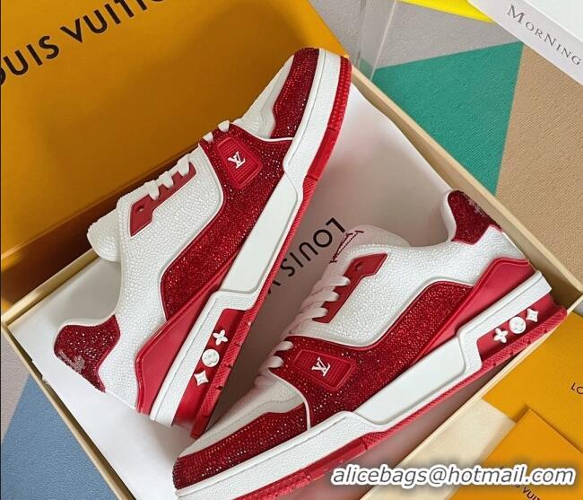 Best Grade Louis Vuitton LV Trainer Sneakers with Allover Crystals White/Red 0412001