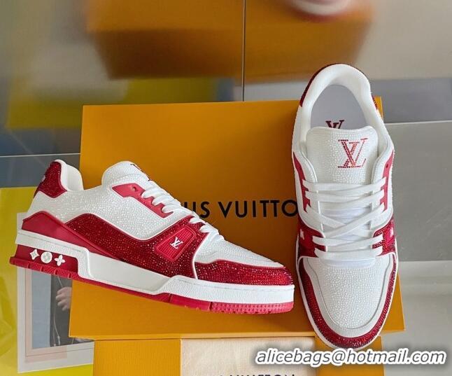 Best Grade Louis Vuitton LV Trainer Sneakers with Allover Crystals White/Red 0412001