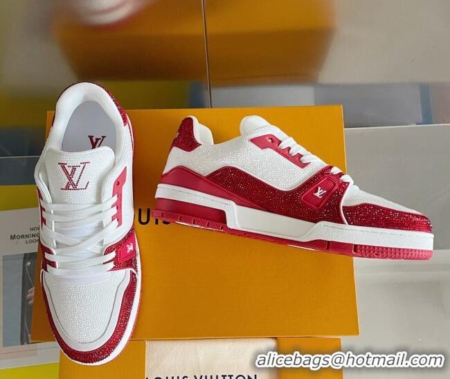 Best Grade Louis Vuitton LV Trainer Sneakers with Allover Crystals White/Red 0412001