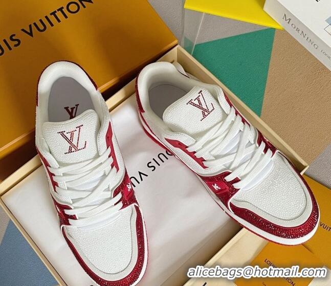 Best Grade Louis Vuitton LV Trainer Sneakers with Allover Crystals White/Red 0412001