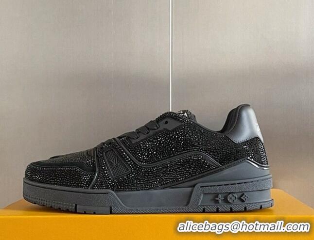 Classic Hot Louis Vuitton LV Trainer Sneakers with Allover Crystals All Black 0412004