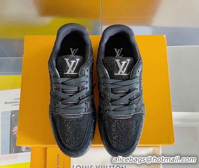 Classic Hot Louis Vuitton LV Trainer Sneakers with Allover Crystals All Black 0412004