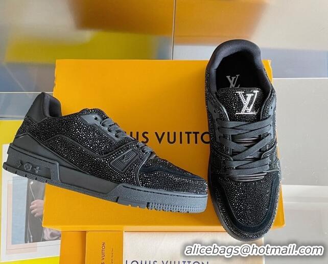 Classic Hot Louis Vuitton LV Trainer Sneakers with Allover Crystals All Black 0412004