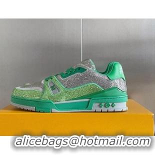 Stylish Louis Vuitton LV Trainer Sneakers with Allover Crystals Green/Silver 0412005