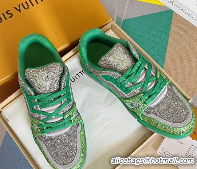 Stylish Louis Vuitton LV Trainer Sneakers with Allover Crystals Green/Silver 0412005