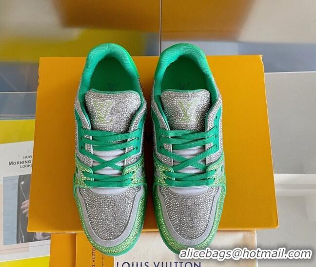 Stylish Louis Vuitton LV Trainer Sneakers with Allover Crystals Green/Silver 0412005