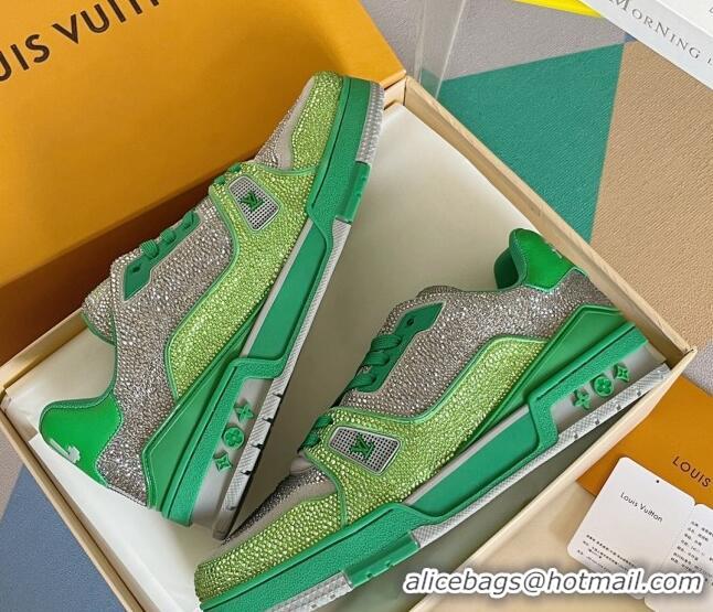 Stylish Louis Vuitton LV Trainer Sneakers with Allover Crystals Green/Silver 0412005