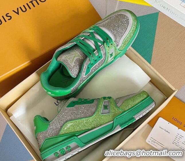 Stylish Louis Vuitton LV Trainer Sneakers with Allover Crystals Green/Silver 0412005