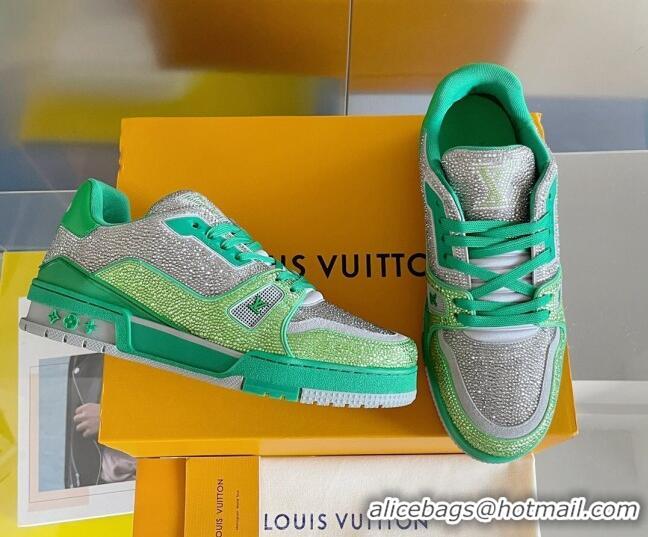 Stylish Louis Vuitton LV Trainer Sneakers with Allover Crystals Green/Silver 0412005