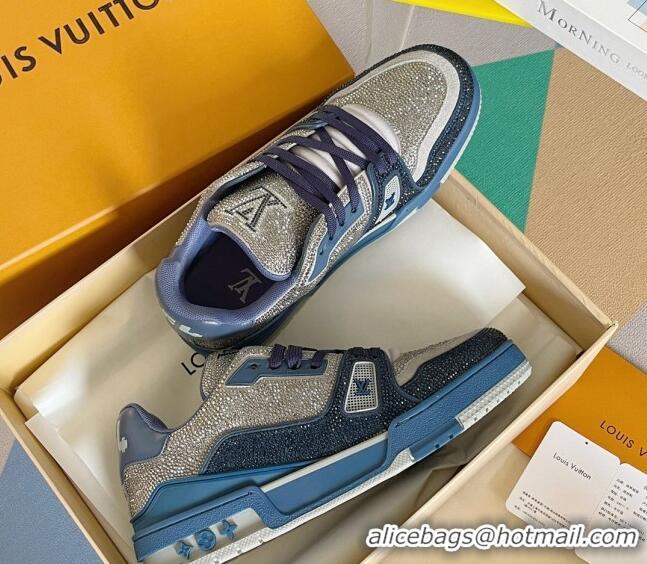 Top Grade Louis Vuitton LV Trainer Sneakers with Allover Crystals Dark Blue/Silver 412006