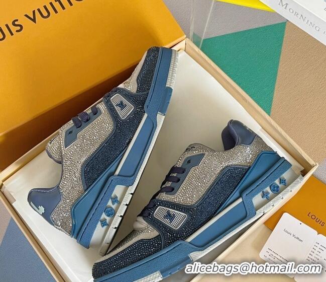 Top Grade Louis Vuitton LV Trainer Sneakers with Allover Crystals Dark Blue/Silver 412006