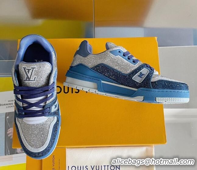 Top Grade Louis Vuitton LV Trainer Sneakers with Allover Crystals Dark Blue/Silver 412006