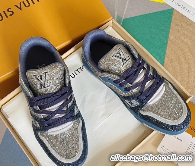 Top Grade Louis Vuitton LV Trainer Sneakers with Allover Crystals Dark Blue/Silver 412006