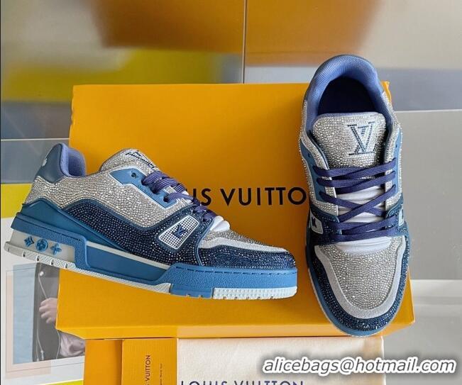 Top Grade Louis Vuitton LV Trainer Sneakers with Allover Crystals Dark Blue/Silver 412006