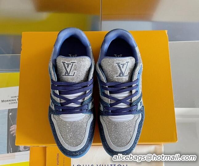 Top Grade Louis Vuitton LV Trainer Sneakers with Allover Crystals Dark Blue/Silver 412006