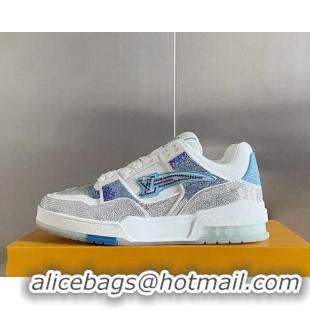 Good Looking Louis Vuitton LV Trainer Sneakers with Allover Crystals Silver/Light Blue 0412008