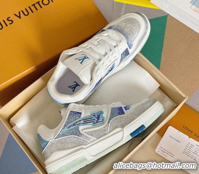 Good Looking Louis Vuitton LV Trainer Sneakers with Allover Crystals Silver/Light Blue 0412008