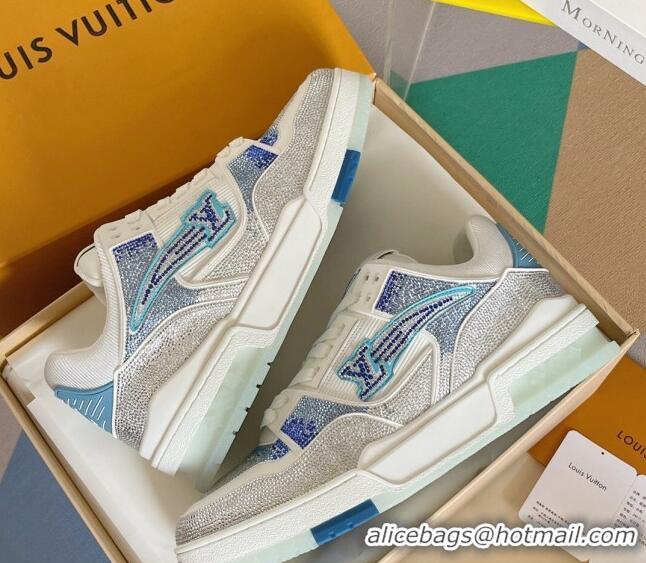 Good Looking Louis Vuitton LV Trainer Sneakers with Allover Crystals Silver/Light Blue 0412008