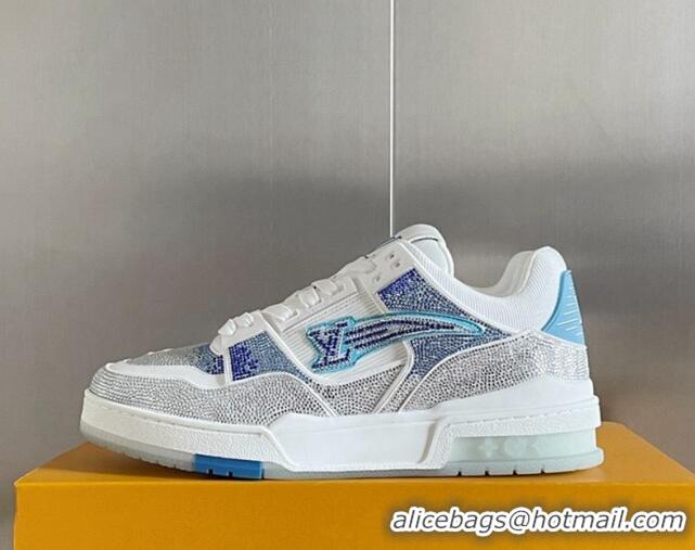 Good Looking Louis Vuitton LV Trainer Sneakers with Allover Crystals Silver/Light Blue 0412008