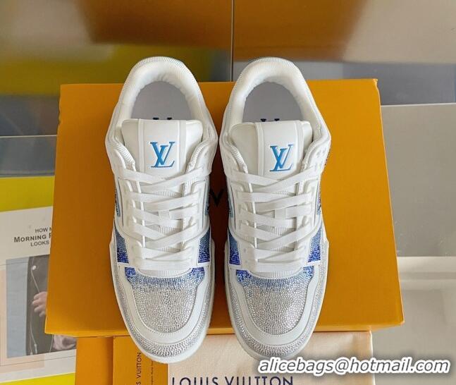 Good Looking Louis Vuitton LV Trainer Sneakers with Allover Crystals Silver/Light Blue 0412008