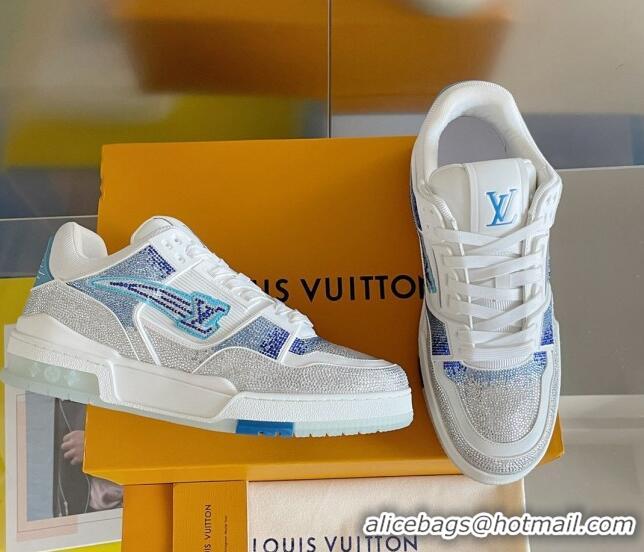 Good Looking Louis Vuitton LV Trainer Sneakers with Allover Crystals Silver/Light Blue 0412008