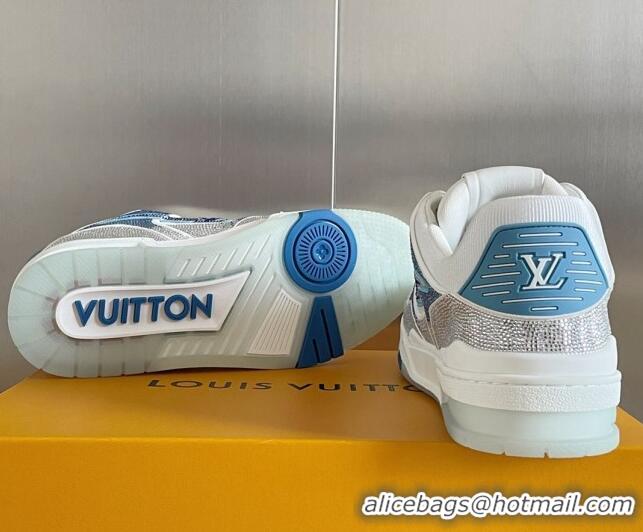 Good Looking Louis Vuitton LV Trainer Sneakers with Allover Crystals Silver/Light Blue 0412008