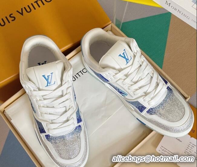 Good Looking Louis Vuitton LV Trainer Sneakers with Allover Crystals Silver/Light Blue 0412008