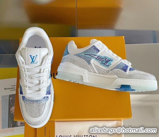 Good Looking Louis Vuitton LV Trainer Sneakers with Allover Crystals Silver/Light Blue 0412008