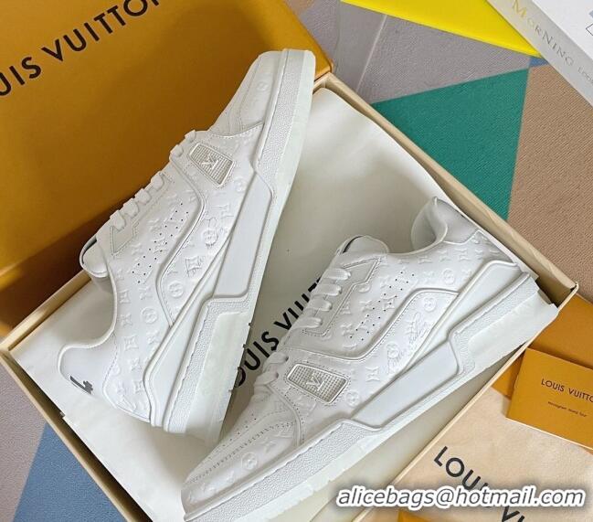 Classic Practical Louis Vuitton LV Trainer Sneakers in Mini Monogram Leather All White 0412026