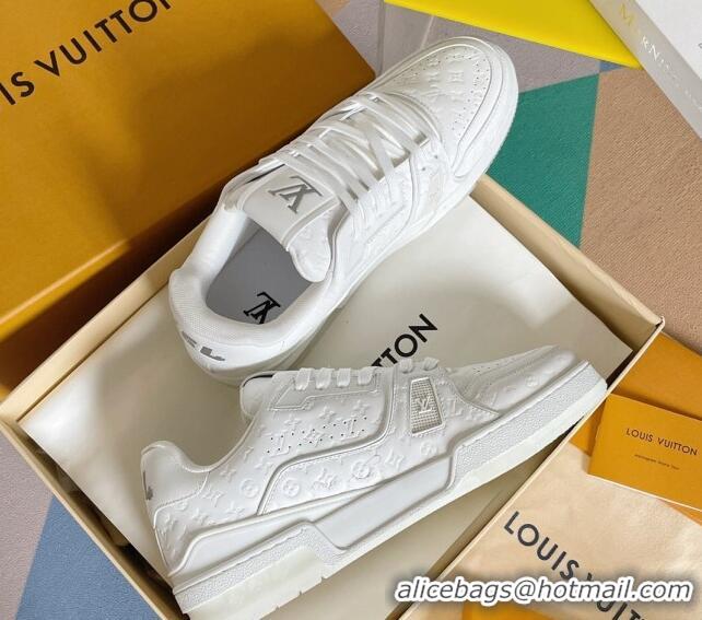 Classic Practical Louis Vuitton LV Trainer Sneakers in Mini Monogram Leather All White 0412026