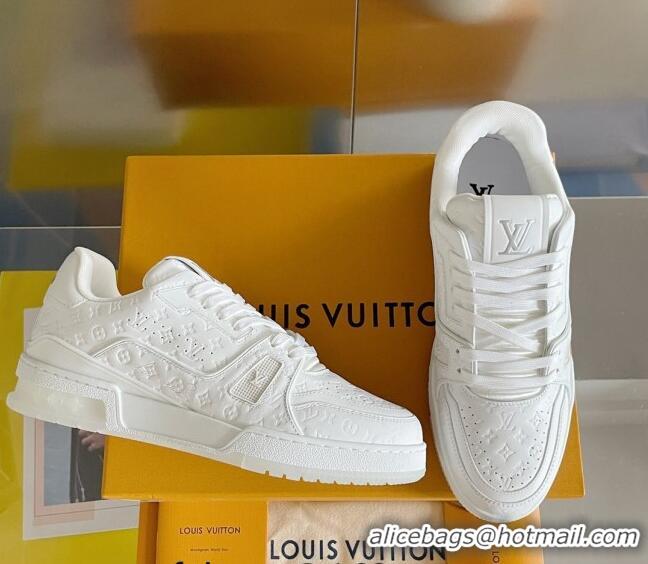 Classic Practical Louis Vuitton LV Trainer Sneakers in Mini Monogram Leather All White 0412026