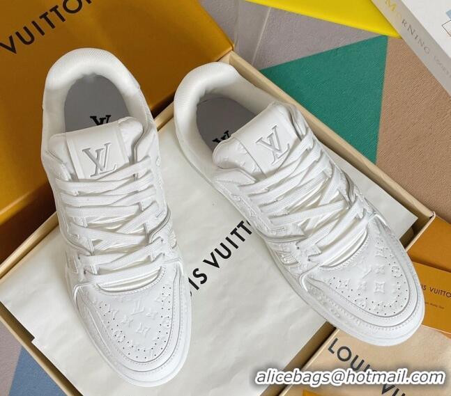 Classic Practical Louis Vuitton LV Trainer Sneakers in Mini Monogram Leather All White 0412026