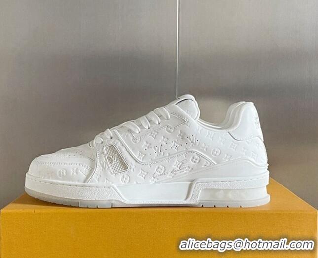 Classic Practical Louis Vuitton LV Trainer Sneakers in Mini Monogram Leather All White 0412026