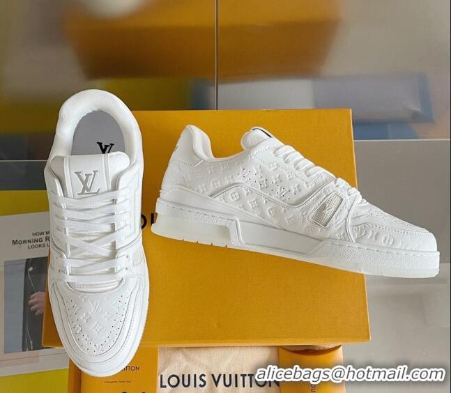 Classic Practical Louis Vuitton LV Trainer Sneakers in Mini Monogram Leather All White 0412026