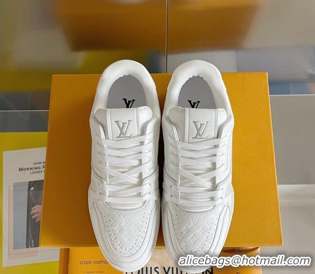 Classic Practical Louis Vuitton LV Trainer Sneakers in Mini Monogram Leather All White 0412026