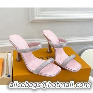 Elegant Louis Vuitton Sparkle Crystal Strap Heel Slide Sandals 9.5cm Light Pink 0427068