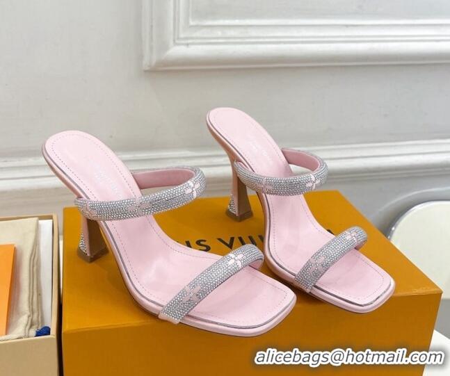 Elegant Louis Vuitton Sparkle Crystal Strap Heel Slide Sandals 9.5cm Light Pink 0427068