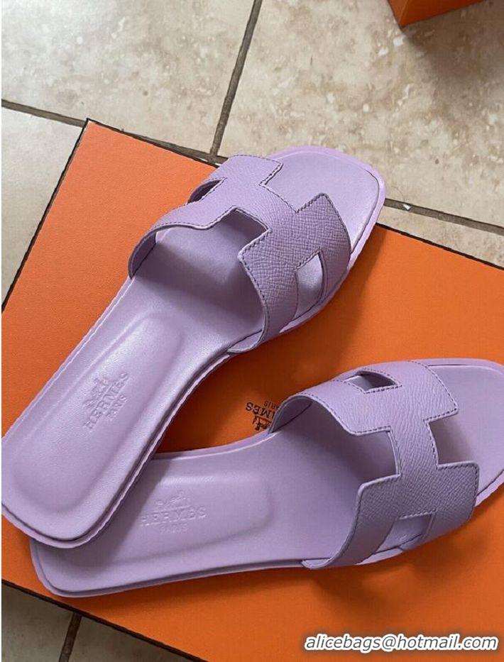 High Quality Hermes Oran Leather Flat Slide Sandal HE7410 Purple