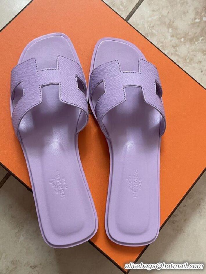 High Quality Hermes Oran Leather Flat Slide Sandal HE7410 Purple