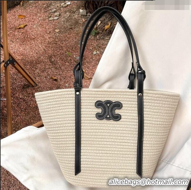 Well Crafted Celine Triomphe Straw and Leather Basket Bag 0306 White/Black 2023