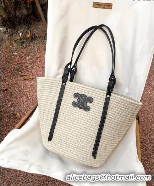 Well Crafted Celine Triomphe Straw and Leather Basket Bag 0306 White/Black 2023