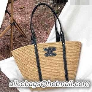 Best Price Celine Triomphe Straw and Leather Basket Bag 0306 Khaki/Black 2023