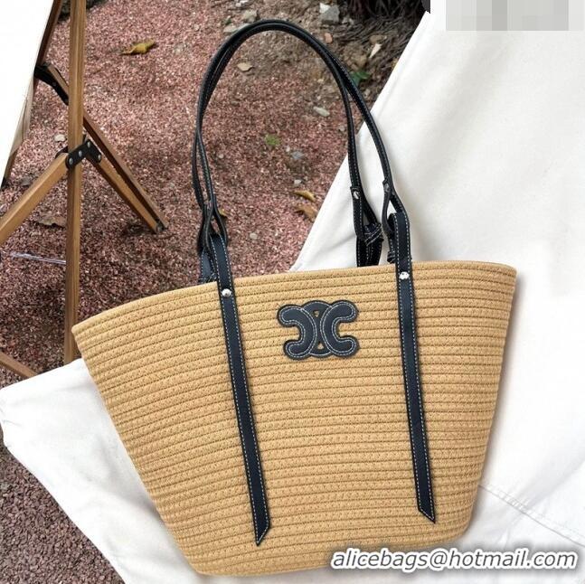 Best Price Celine Triomphe Straw and Leather Basket Bag 0306 Khaki/Black 2023