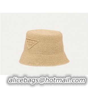 Famous Brand PradaTriangle Logo Raffia Bucket Hat PA8741 Beige