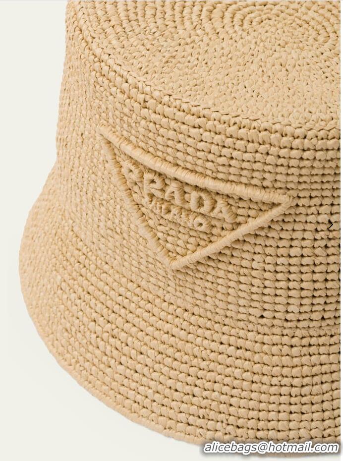 Famous Brand PradaTriangle Logo Raffia Bucket Hat PA8741 Beige