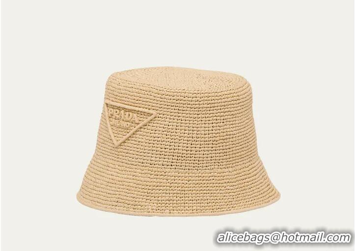 Famous Brand PradaTriangle Logo Raffia Bucket Hat PA8741 Beige