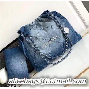 Shop Promotional CHANEL 22 Shopping Bag Denim & Silver-Tone Metal AS3137 Blue