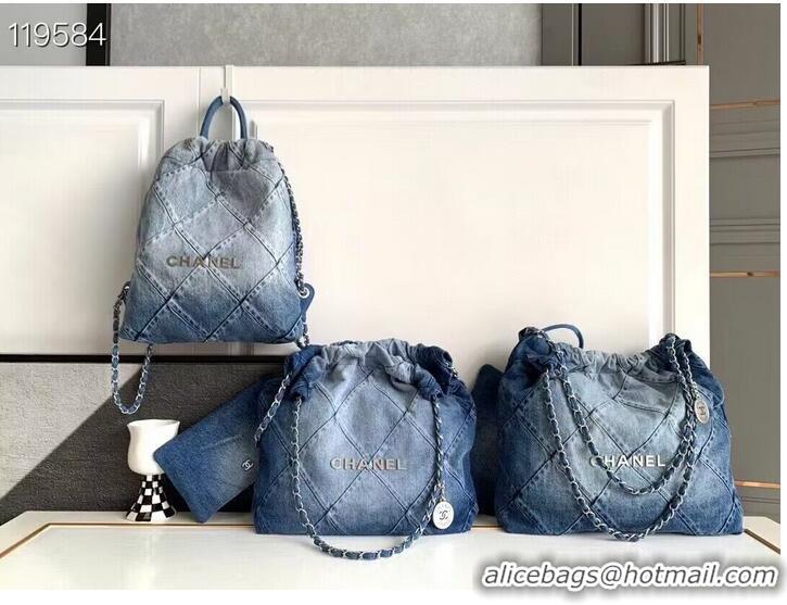 Shop Promotional CHANEL 22 Shopping Bag Denim & Silver-Tone Metal AS3137 Blue